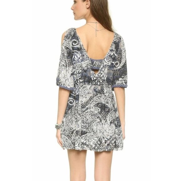 Free People blue printed Love Birds  mini dress / long tunic bohemian w/pockets - Picture 4 of 16